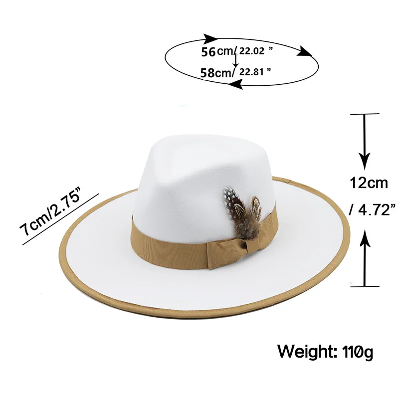 Chapeau fascinateur d'automne blanc Fedoras en plumes pour femmes, chapeaux d'église à bord plat à la mode, casquette de Jazz feutrée de fête, Chapeu Feminino266G