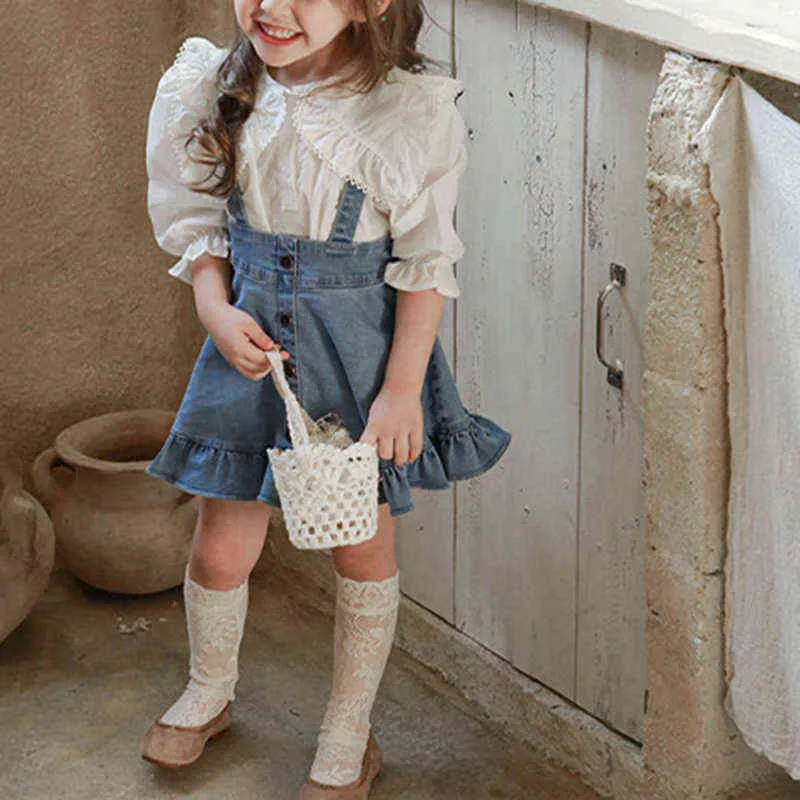 春秋の子供の女の子のスカートセットかわいい白いシャツファッション子供キッズジッパーデニムスカート10代のカジュアルデイリー服の服