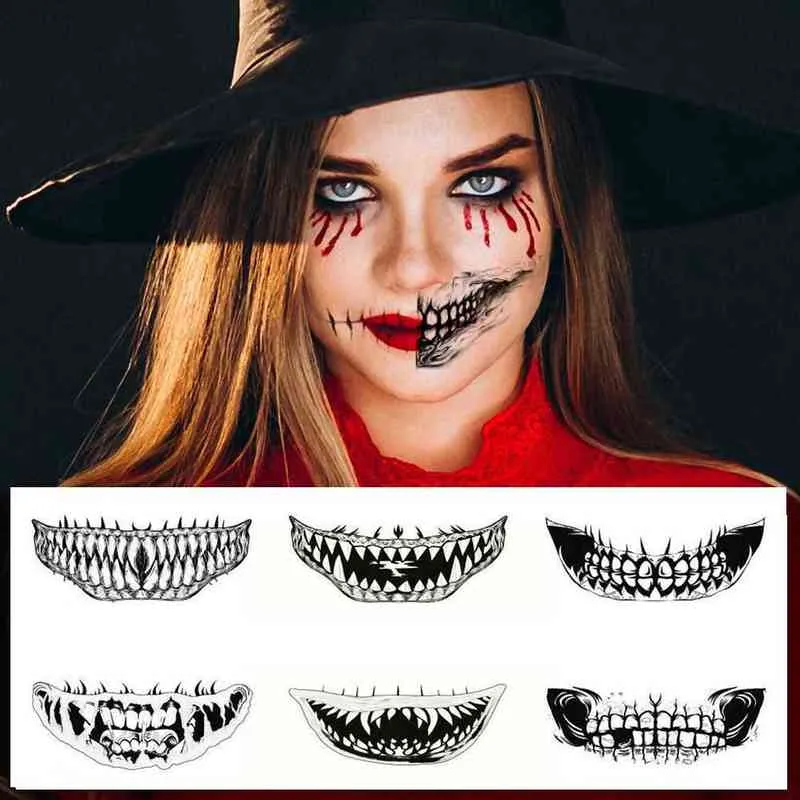 NXY Temporary Tattoo Halloween Sticker Face Mouth Teeth Waterproof Dark Wind Funny Makeup 0330