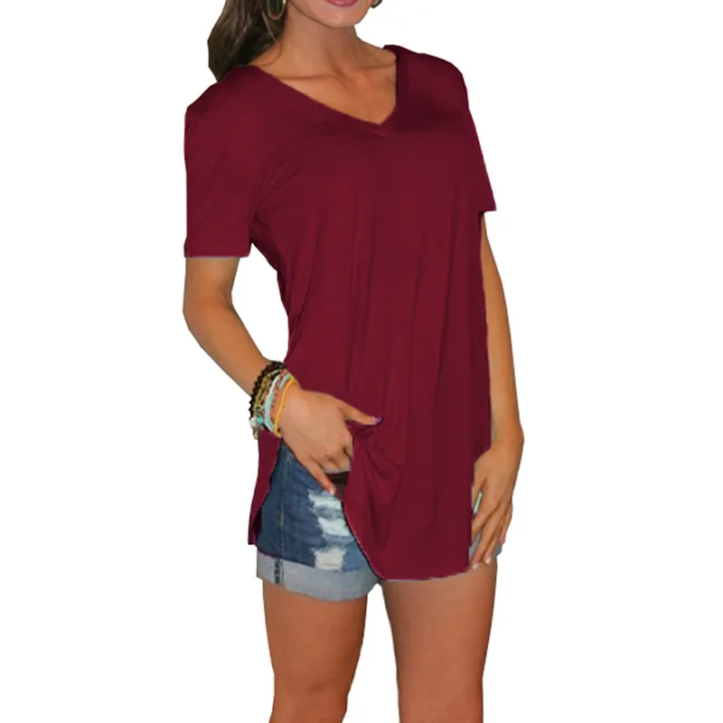Kadınlar Yaz V Boyun Kısa Kollu Tişört Gevşek Seksi Camiseta Feminina T gömlekleri kadın artı boyutu uzun stil üstleri 220615