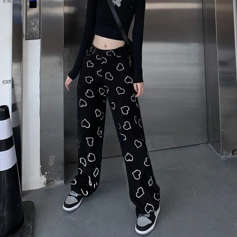 HOUZHOU Hip Hop Wide Leg Pant Vintage Korean Style Oversize Trousers For Female Fashion Spring Harajuku Heart Print 220325