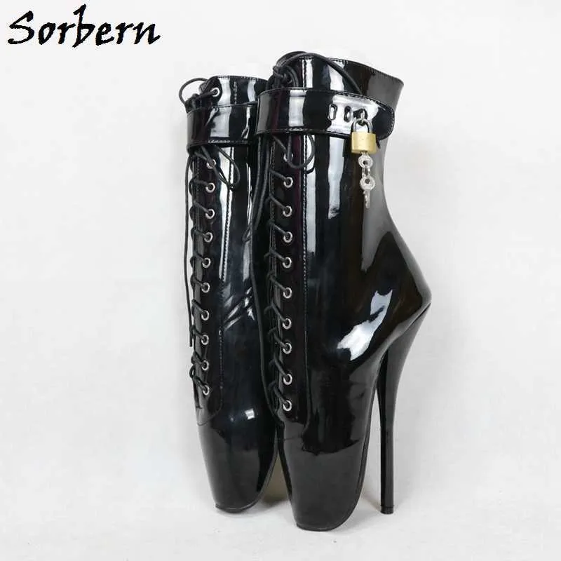 Sorbern Black Patent Ballet Stilettos Boots Ankle High Women Shoes Cross Tied Lace Up Ladies Boots Big Size 44 Booties Runway