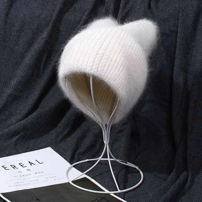 フィッシュローバー7色ウサギの毛皮の猫耳の耳冬帽子ソリッドカラー秋の帽子暖かいフードスカリーJ220722