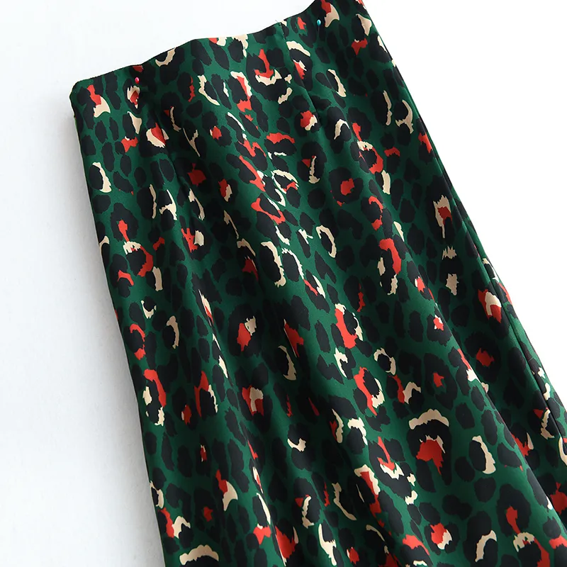 Kleurrijke luipaardprint lange rok vrouwen dames groene hoge taille split aline maxi rok vrouwelijk 220701
