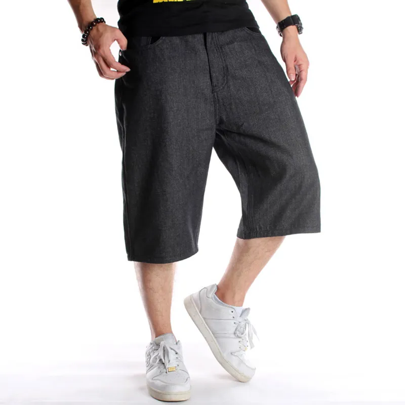 EBAIHUI Hommes Jeans Courts Été Hip-Hop Lâche Jambe Large Denim Pantalon Mâle Skateboard Swag Baggy Capri Pantalon Noir Broderie Shorts Grande Taille 46