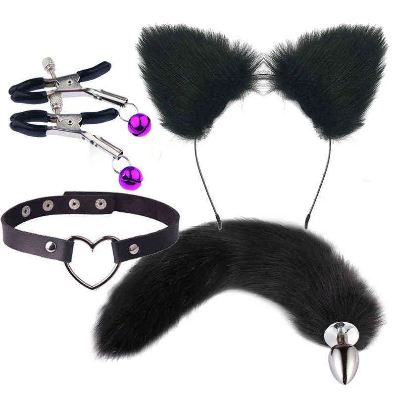 Nxy Anal Toys Cute Fox Tail Plug Cat Ears Headbands Set Adult Games Nipple Clip Neck Collar Erotic Cosplay Sex for Women Couple Bdsm 220420