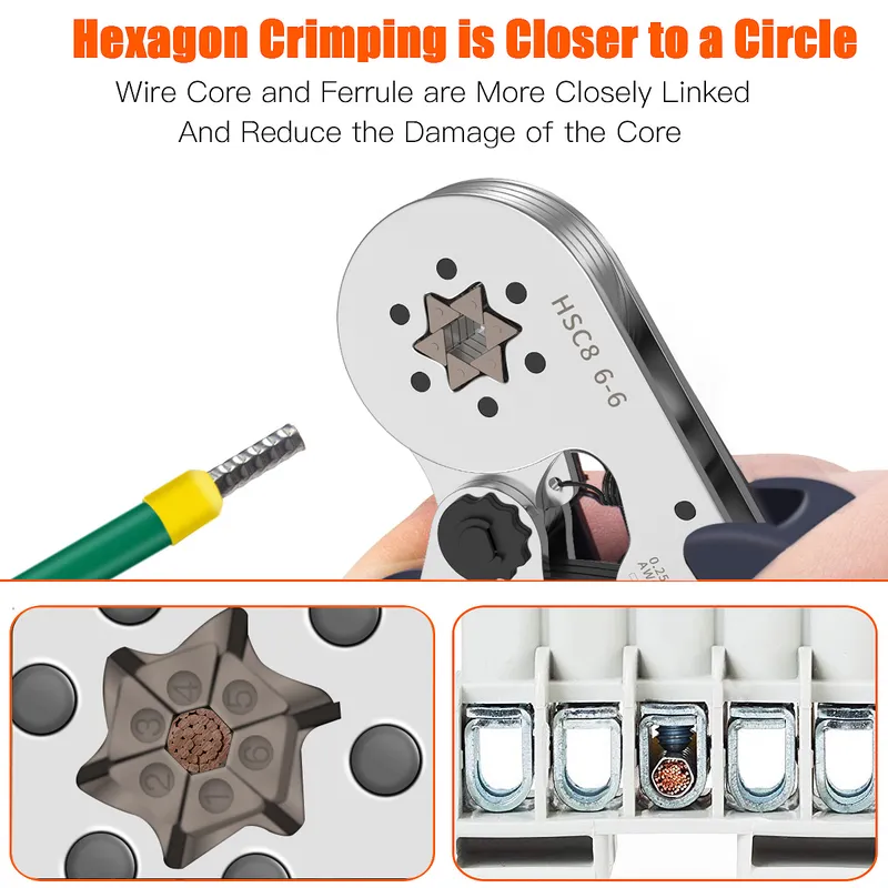 Hexagonal Ferrule Crimp Tool Wire Crimping HSC8 6-6 Self-adjustable Ratcheting Crimper for AWG23-100.25-6.0mm 220428