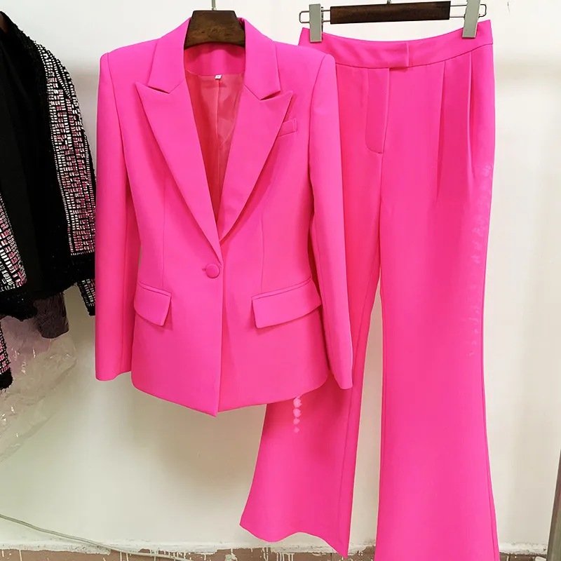 Blazer Pantsuits İki Parçalı Set Ofis Bayanlar Kadınlar Sarı Mor Iş Tek Düğmeler Flared + Resmi Suit 220315