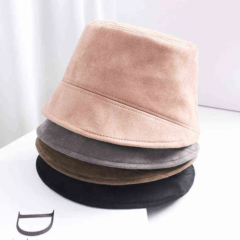 2021 Vår Höst Ny Kvinna Solid Färg Suede Fisherman Hat Fashion Leather Military Cap Sun Visor Hat Bucket Hat G220418