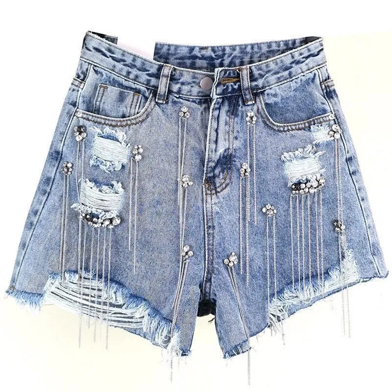 Femmes luxueux gland frangé trou jean Shorts femme taille haute été créateur de mode jambe large Denim Shorts 220419