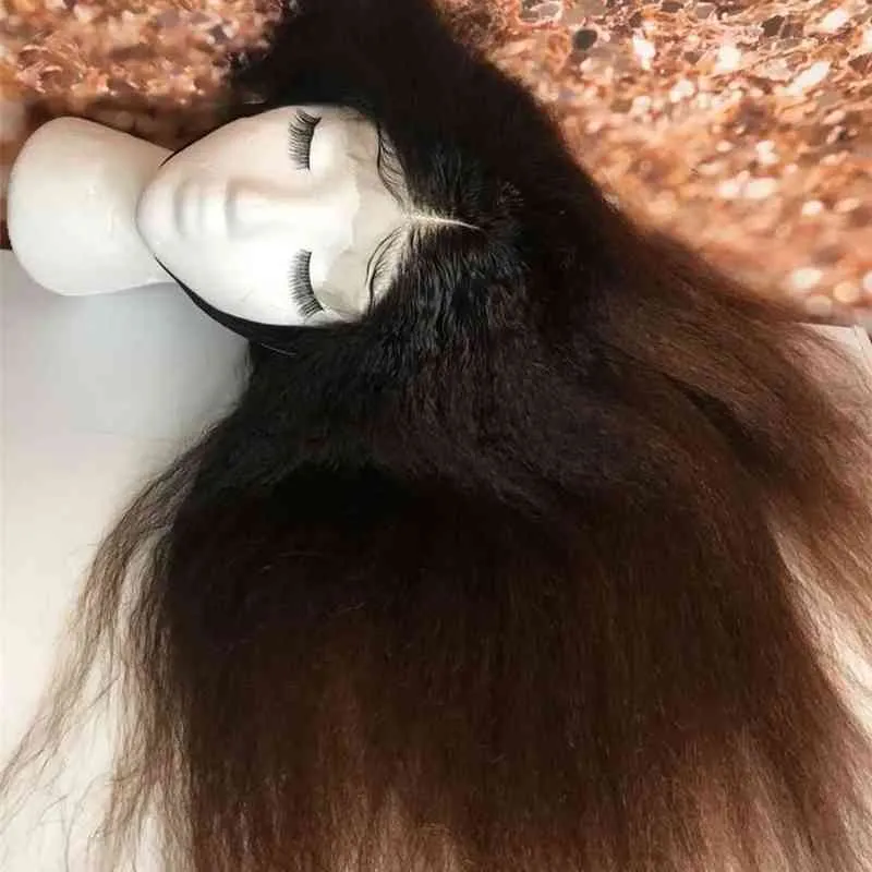 Natural Ombre Blonde Yaki 24Inch Soft Long Kinky Straight Lace Front Wig Black Women With BabyHair Preplucked Deep Part 220707