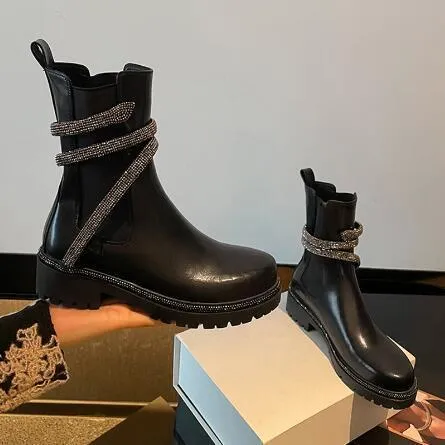 Laat zwart wit bling kristal s slang kruis kruisen 40 mm enkel laarzen vrouw rond teen casual slip op Chelsea martin booties 220810