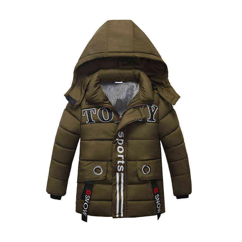 겨울 따뜻한 소년 재킷 롱 스타일 레터 아웃웨어 아이를위한 무거운 두껍고 벨벳 어린이 후드 야외 재킷 J220718