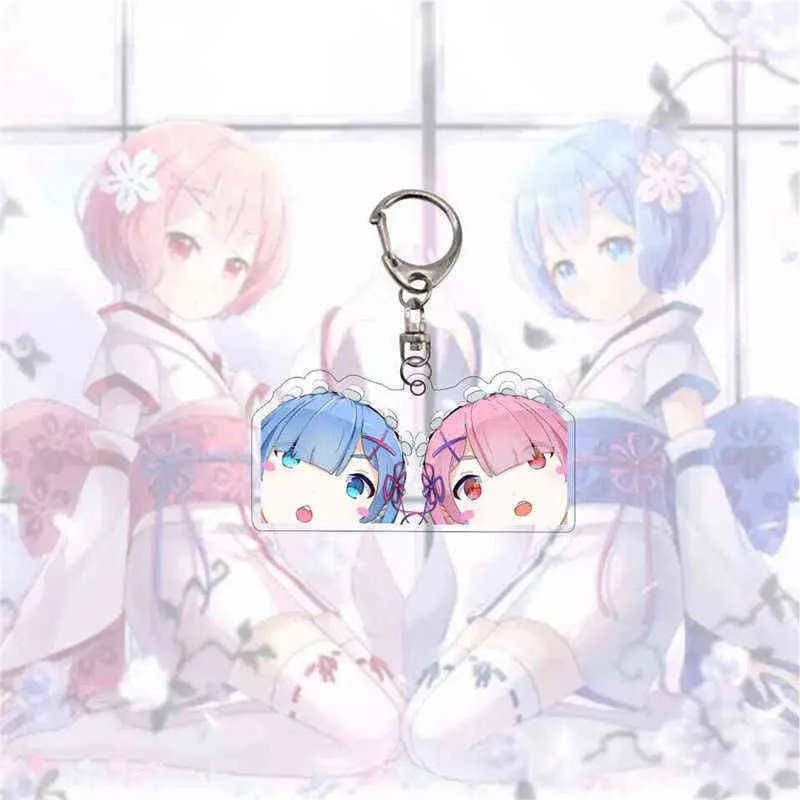 Japanese Anime Re:Life In A Different World From Zero Keychain Rem Ram Cartoon Figures Acrylic Keyring Toys Bag Pendant Ornament Y220413