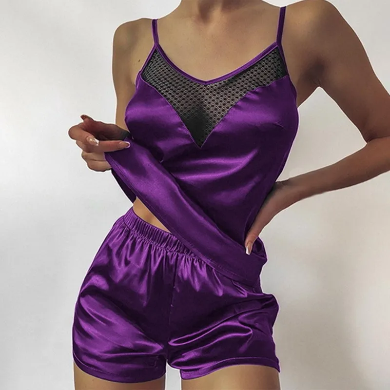 Satin Pajamas Sexy Lace Pijama Nightie Sleepwear Home Clothes Tops And Shorts Womens Silk Pajamas Solid Color Pajama Set Women 220527