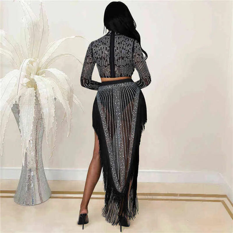 Plazson Fall Sheer Mesh Sparkle Afinestone костюм с длинным рукавом и бахромой юбки с двумя частями Crystal Chirstmas наряды T220729