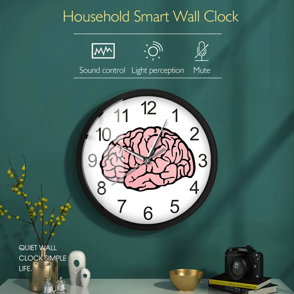 Brain Metal Frame LED Wall Clock Sound Control Organology Medical Wall Art Anatomy Laboratory Decor Wall Watch Neurologist Gift