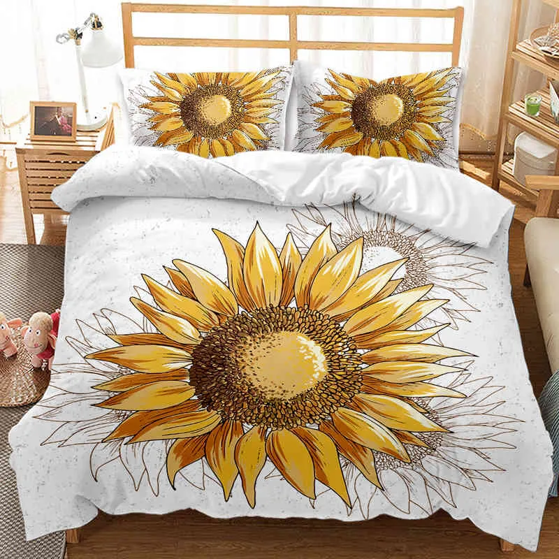 Sunflower Duvet Cover Set Yellow Flowers Bedding Pattern Botanical Floral Garden Bloom Print on Black Quilt