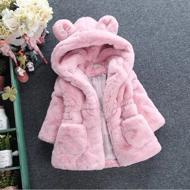 Kurtki dla dzieci ciepłe zimowe płaszcze gęste sztuczne futra moda dla dzieci płaszcz z kapturem dla dziewcząt odzież wierzchnia odzież 2 3 4 6 7 lat 220826