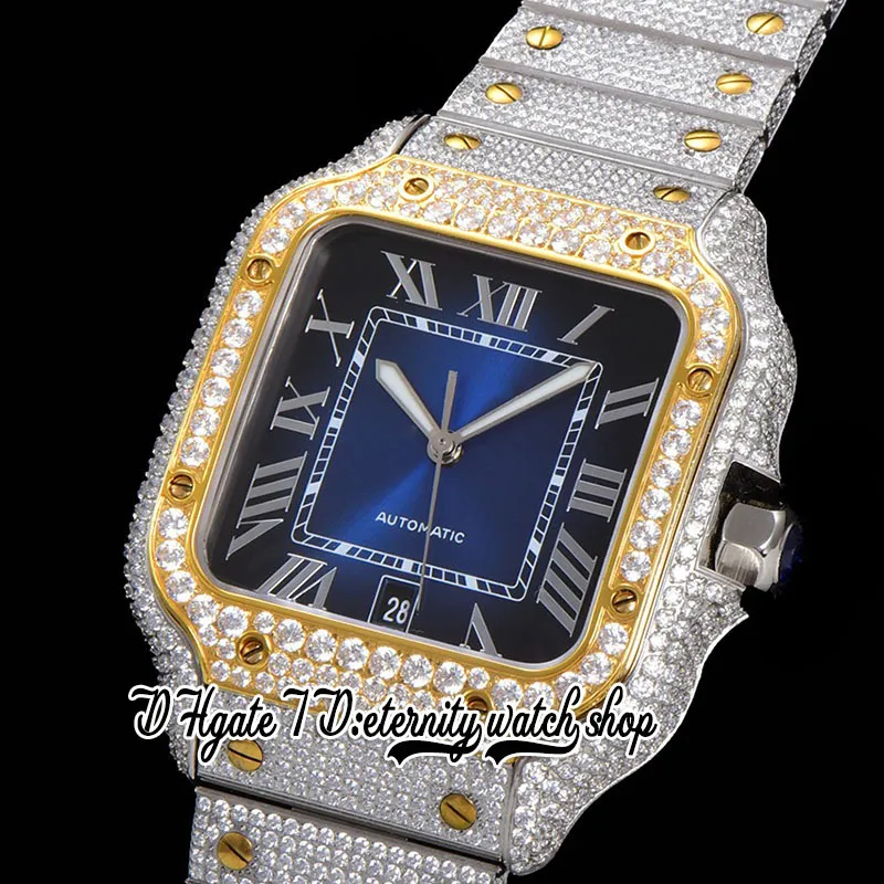 TWF tw0030 Paved Diamonds ETA A2824 Automatic Mens Watch Blue Dial Roman Markers Gold Bezel Quick Switch Iced Out Diamond Bracelet328g