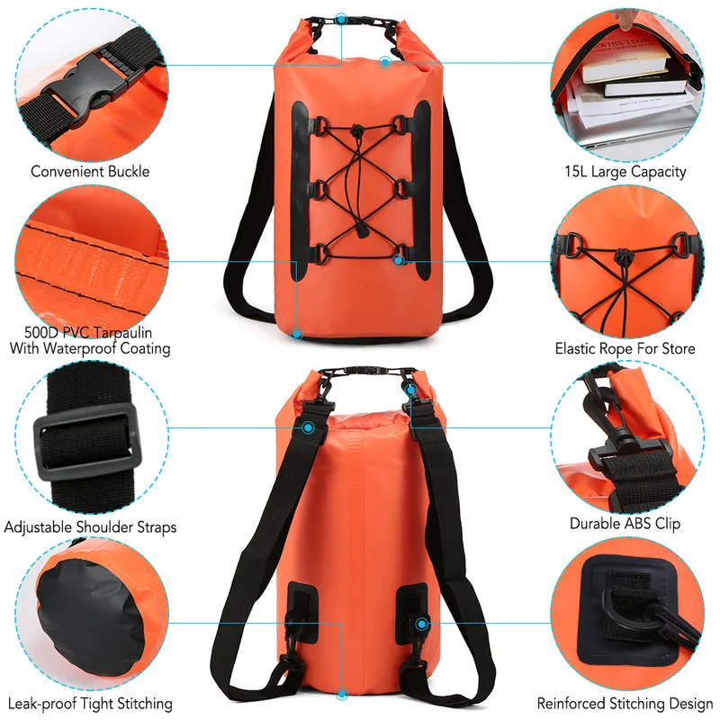 Borsa impermeabile da 15 litri con custodia telefono Zaino da nuoto Roll Top kayak Canottaggio Pesca Surf Rafting Fiume 220713