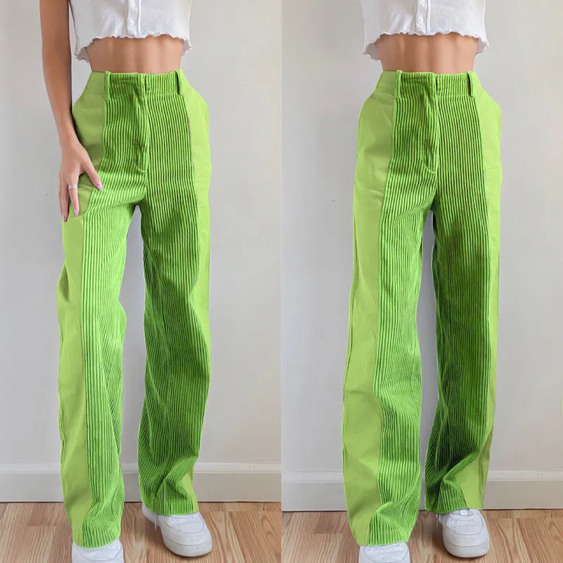 Patchwork Proste Kobiety Spodnie Luźne Wysokie Talia Harajuku Y2K Denim Green Fashion Streetwear Bawełna Sztoduroy 220325