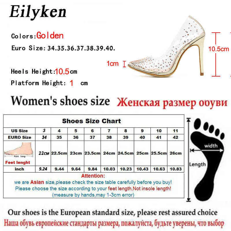 Dress Shoes Eilyken Golden Rhinestone Pvc Transparent Women Pumps Spring Autumn High Heels Sexy Party Wedding Shoes Size 41 42 220507