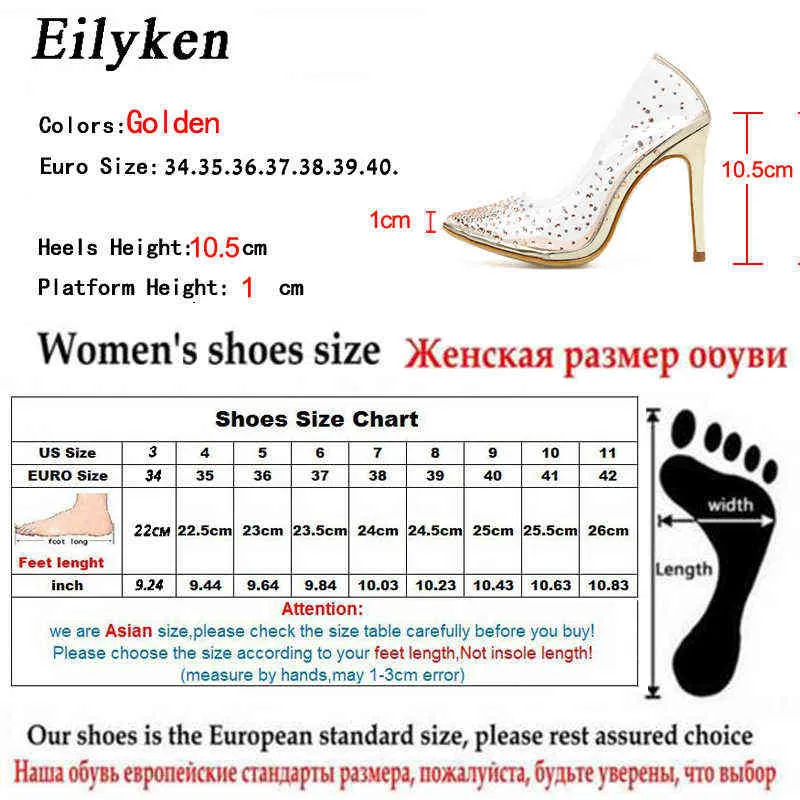 Elbise Ayakkabı Eilyken Altın Rhinestone Pvc Şeffaf Kadın Pompalar Bahar Sonbahar Yüksek Topuklu Seksi Parti Düğün Ayakkabıları Boyutu 41 42 220507