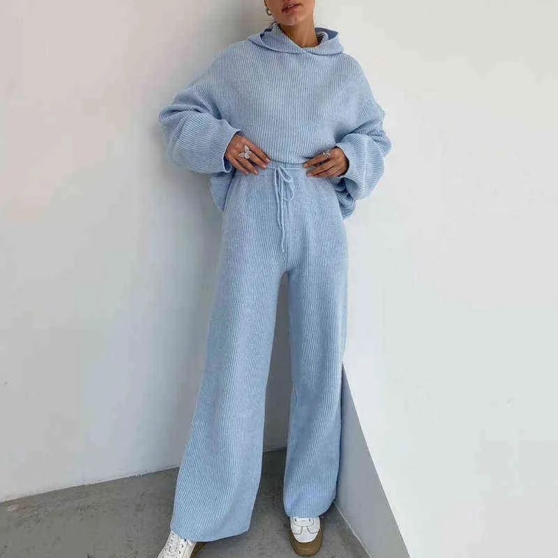 YIZZHOY Spring New Knitted Sweat Suits Women Matching Sets Long Sleeve Hoodie Wide-legged Pants Sweater Set Two Piece Outfits T220729