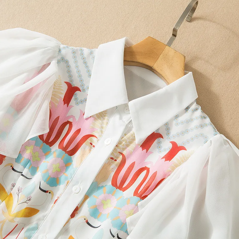 2022 Summer Short Sleeve Lapel Neck White Floral Print Chiffon Ruffle Detail Pleated Single-Breasted Dress Elegant Casual Dresses 22Q151632