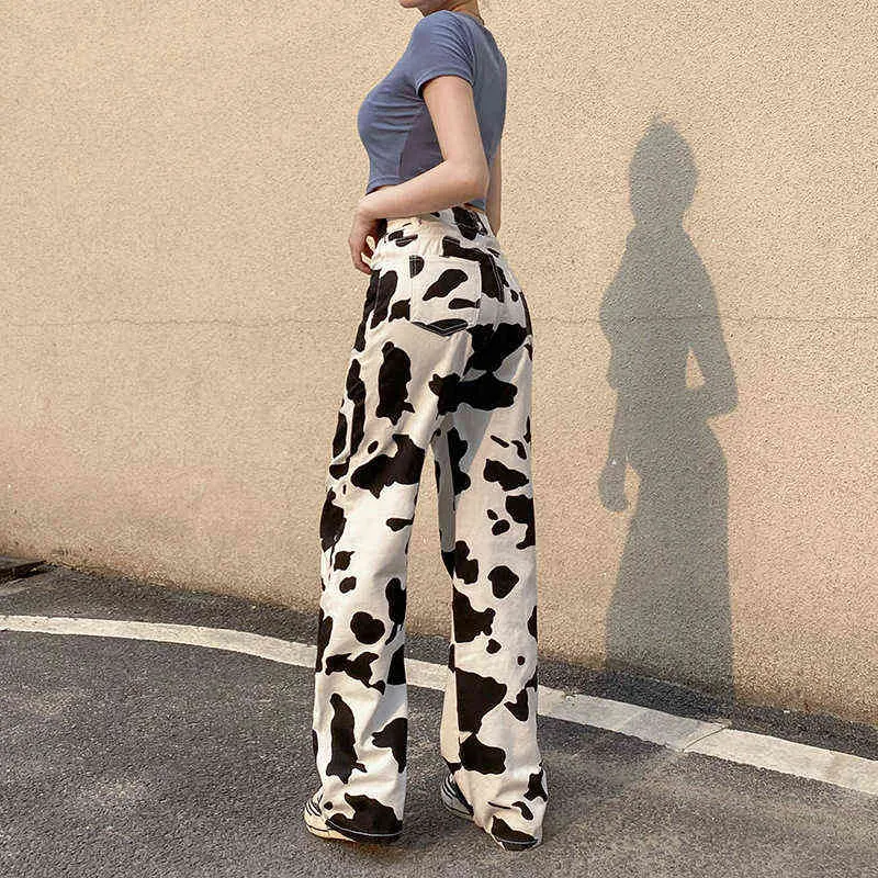 Jean imprimé femmes 2021 Euro américain mode noir et blanc contraste vache motif Vertical pantalon droit L220725