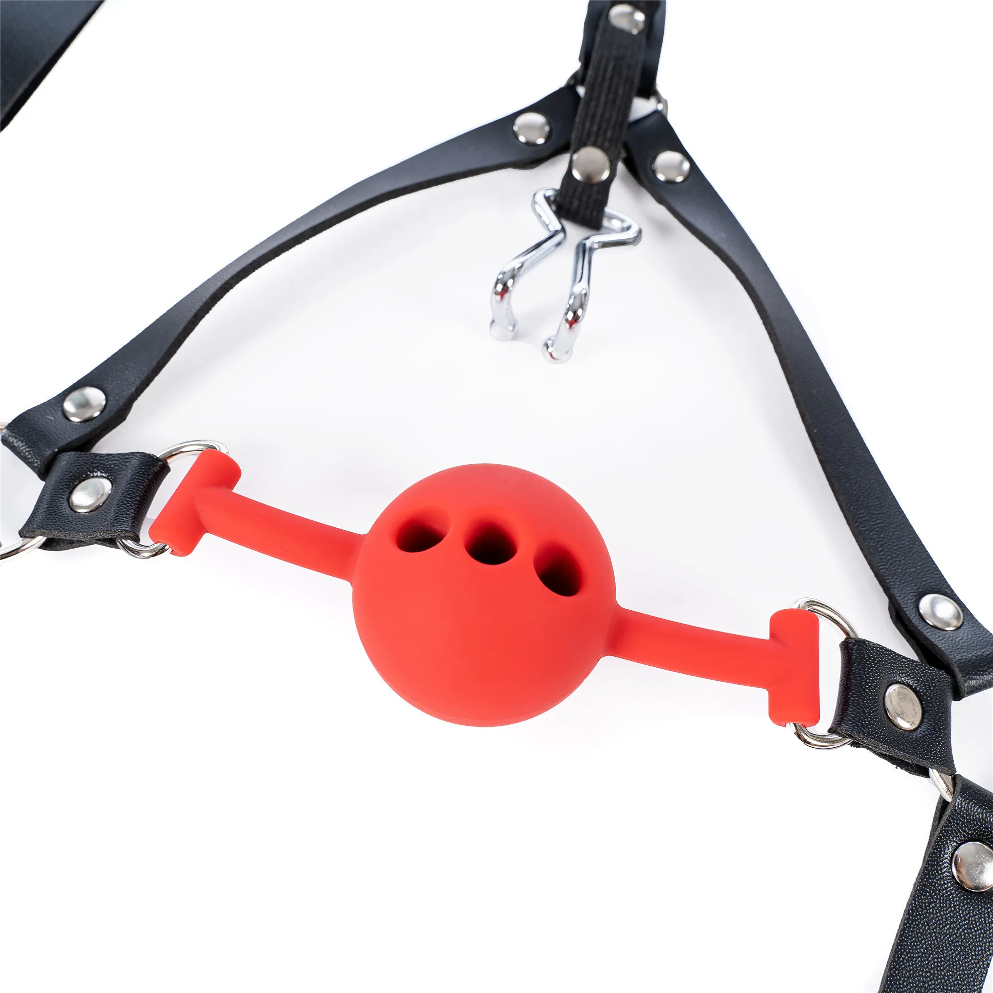 BDSM Slaaf Neus Haak Clip Ball Leather Head Bondage Gag Fetisj SM Restraint Hood Breadable Hole Mask Mask Harness Strap Sexy Toy