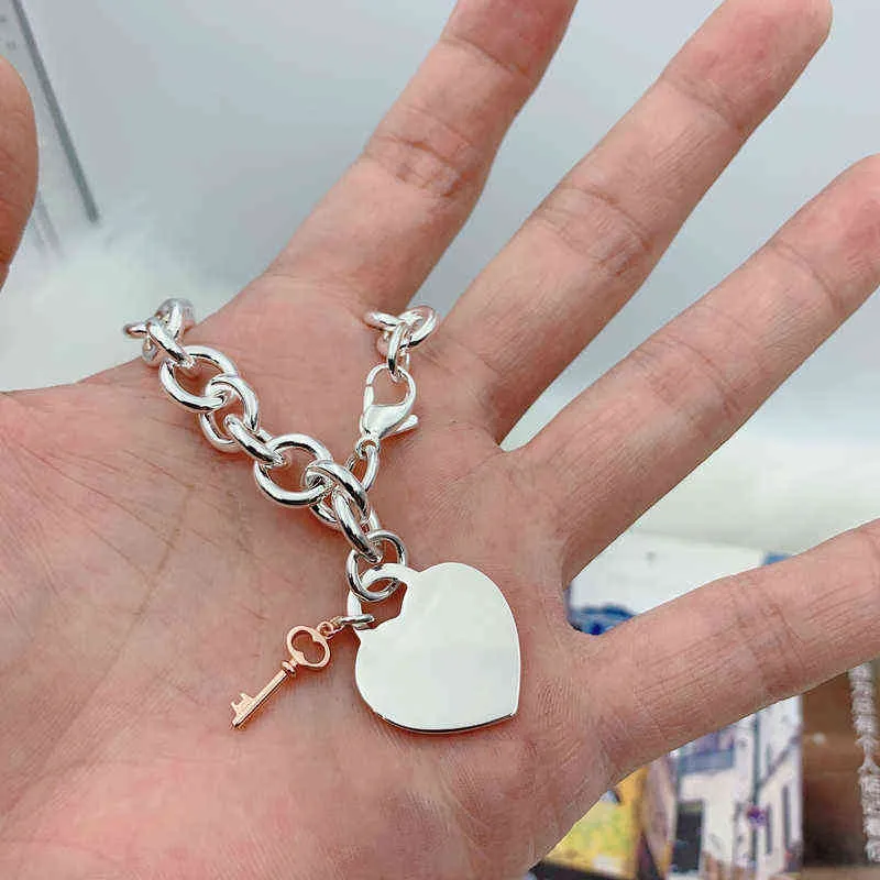 1:1 925 Sterling Silver Women's Bracelet Key and Heart Pendant Chain Bracelet Luxury Brand Girlfriend Birthday Jewelry Gift G220510