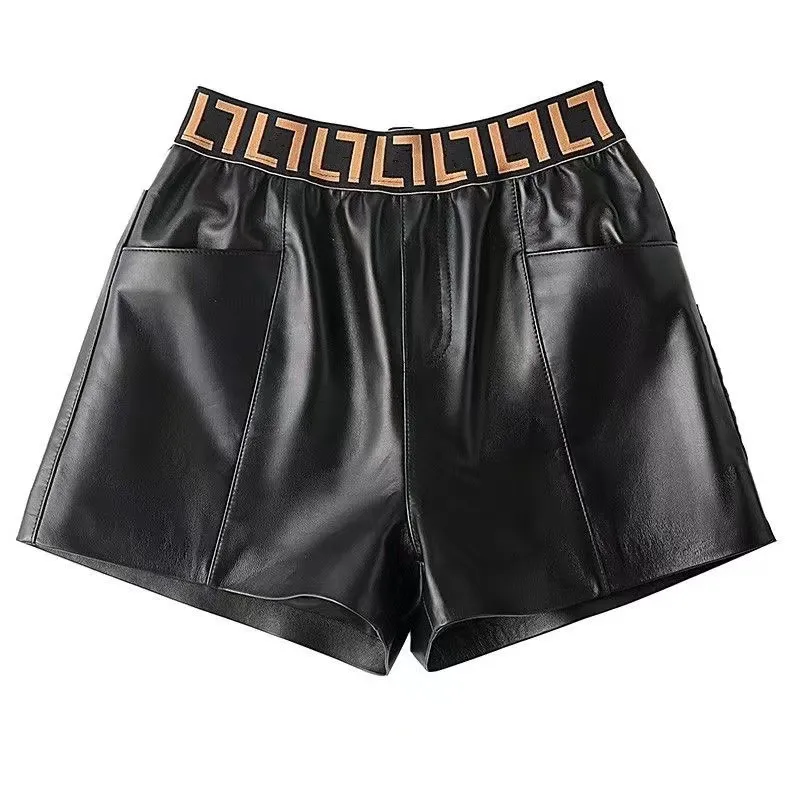 Designer de shorts femininos Moda de couro PU de primeira qualidade F Partia elástica Pontas de perna larga Pontas soltas Primavera e outono Uma cintura de alto tipo E720