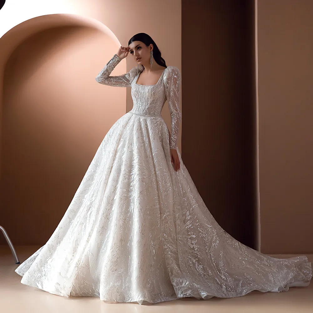 vestido de noiva lange mouw baljurk trouwjurk kralen riem gewaden de mariage luxe trouwjurk illusie terug