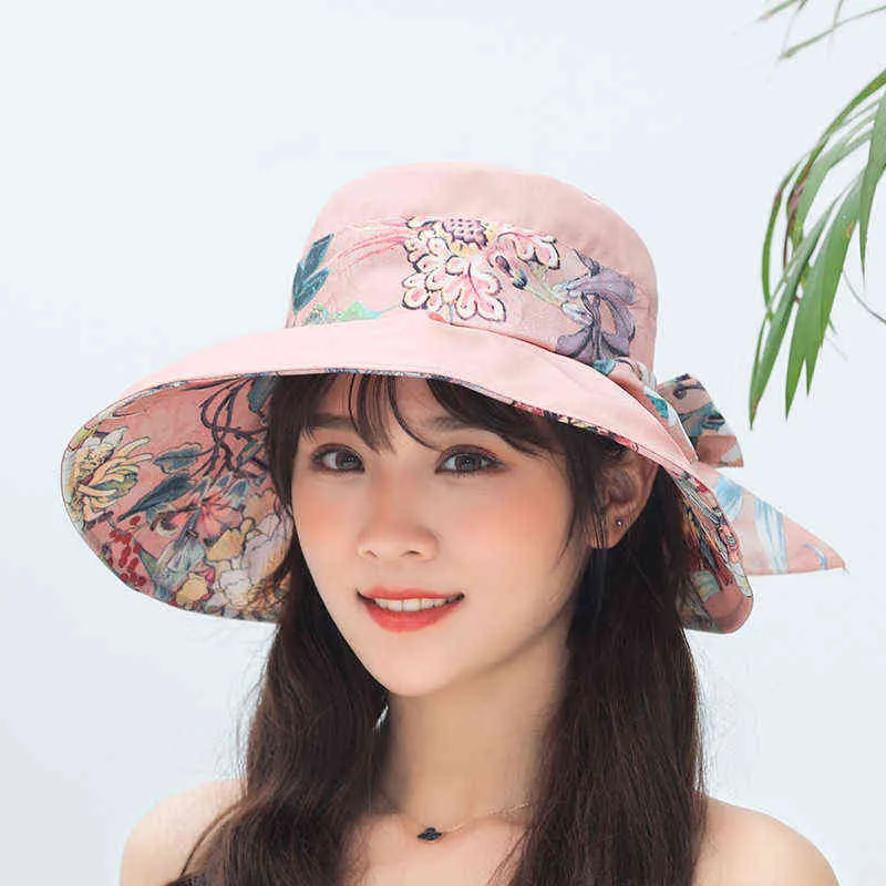 W144 güneş şapkası kadın yaz yeni çift kullanımlı pamuk baskı katlanabilir kumaş şapka Kore versiyon kayışları yay tüm maç büyük brim şapka G220418