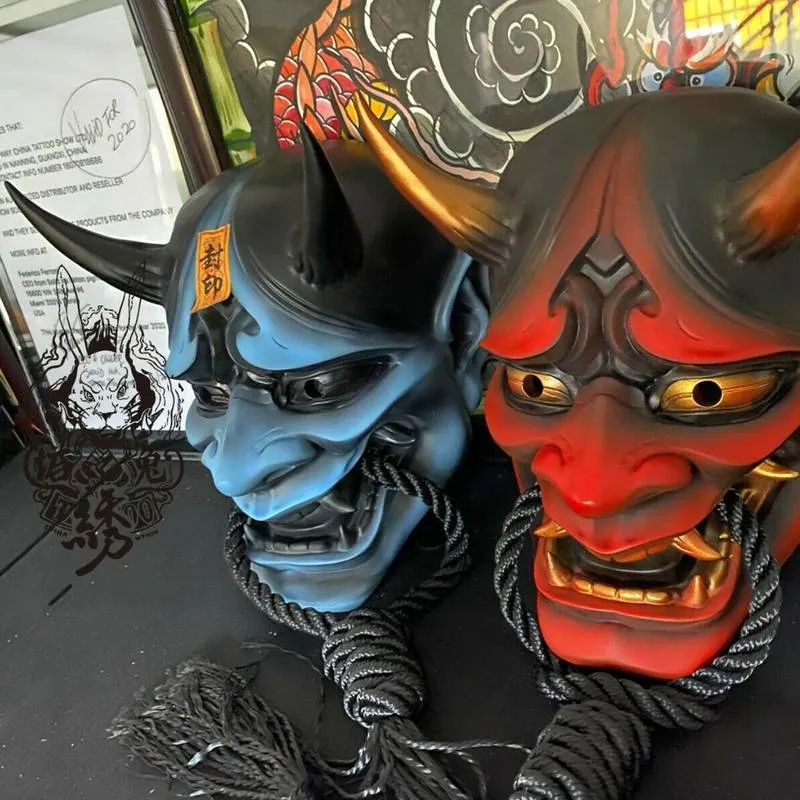 Yetişkin Unisex Cadılar Bayramı Japon Mühürlü Prajna Şeytan Hannya Noh Kabuki Demon Oni Samurai Tam Yüz Maskesi Siyah Mavi Kırmızı 220707