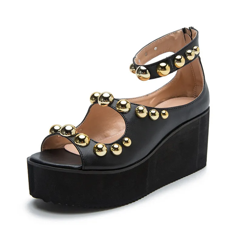 Summer Women Designer Sandals Zipper Wedges with Metal Beads on The Top Plus Size Shoes 43 for 220426