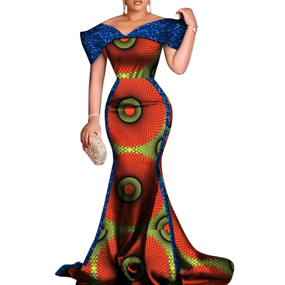 Bintarealwax ny anpassade afrikanska kvällsklänningar för kvinnor bazin dashiki afrikanskt bomull damer sjöjungfru fest klänning wy8681