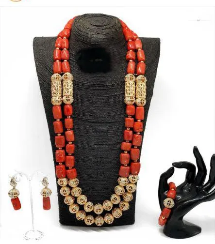 Jóias de casamento da Nigéria feita artesanal coral coral Africano Jóias Conjunto de jóias de ouro Dubai feminino Jóias de jóias Party Coral ABG8 222061929