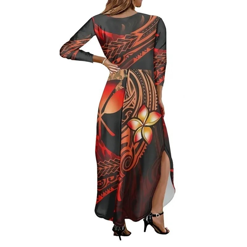 Noisydesigns vestido vermelho mulheres elegante manga longa split senhoras 4xl havaí polinésio plumeria festa de baile azul casal roupas 220627