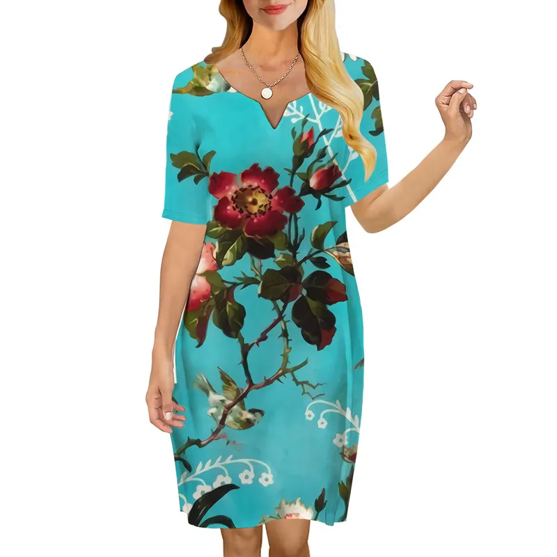 Women Dress Retro Flowers 3D Printed Vneck Loose Casual Short Sleeve Shift Dress for Female Dresses Street Style 220616