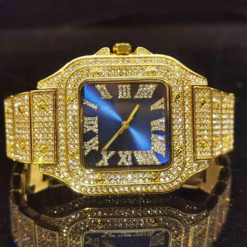 Missfox Square Gold Watch Men Dial Branco Diamante clássico Relógio Quartz Gentgi Relgio Relgio Masculino Luxury Fashion Hiphop