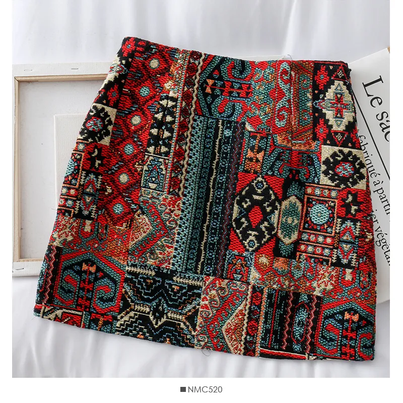 Mode Indie Folk broderie a-ligne Mini jupes Chic géométrique Parttern Tweed Vintage jupe femme 220317