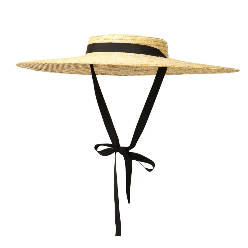Vintage Large Brim Straw Hat for Women Flat Top Summer Beach Cap Shallow Crown Boater Sun Hats Ribbon Tie 220513