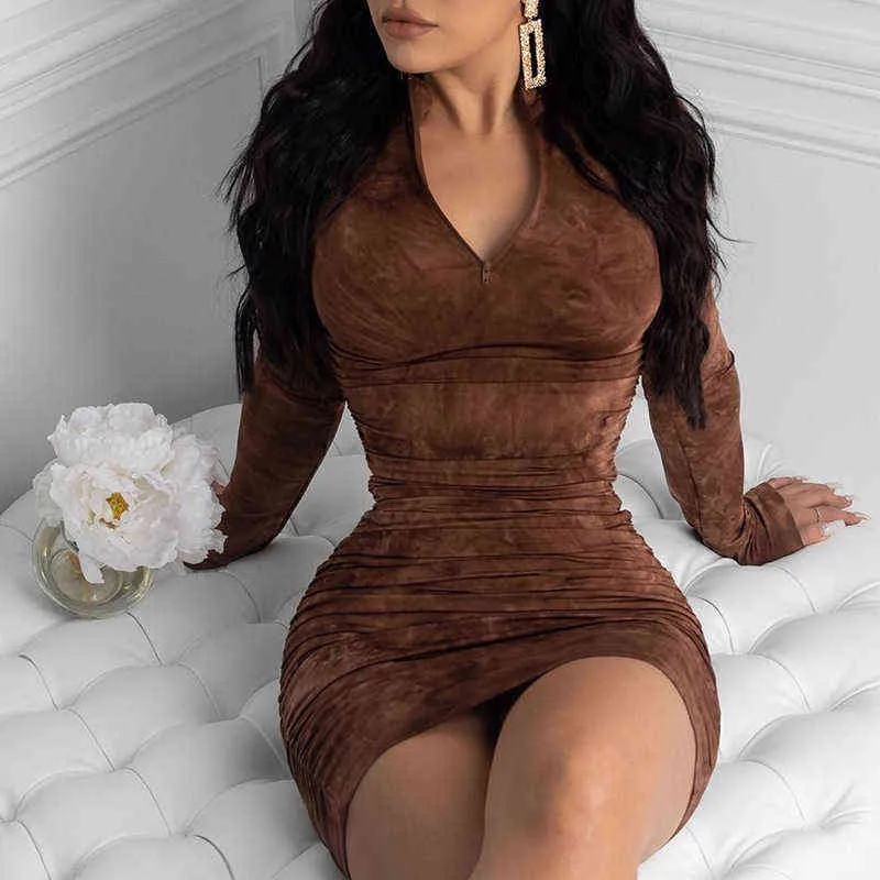 Women's Bodycon Dress Pleated Elegant Long Sleeve Party Dresses for Ladies Sexy Tight Female Clothing Evening Plus Size 5XL Y220401