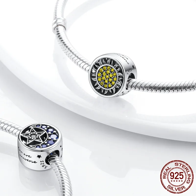 925 Silver Fit Pandora Charm 925 Bracelet Moon Sun Star Galaxy Dangle charms set Pendant DIY Fine Beads Jewelry