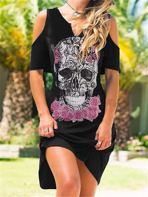 Ärmlös Summer Dress Skull Flower Print Halter Women Punk Gothic Style Sexig Midi Off Shoulder Elegant Side Slit ES 220521
