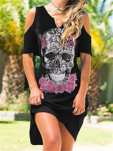 Sleeveless Summer Dress Skull Flower Print Halter Women Punk Gothic Style Sexy Midi Off Shoulder Elegant Side Slit es 220521