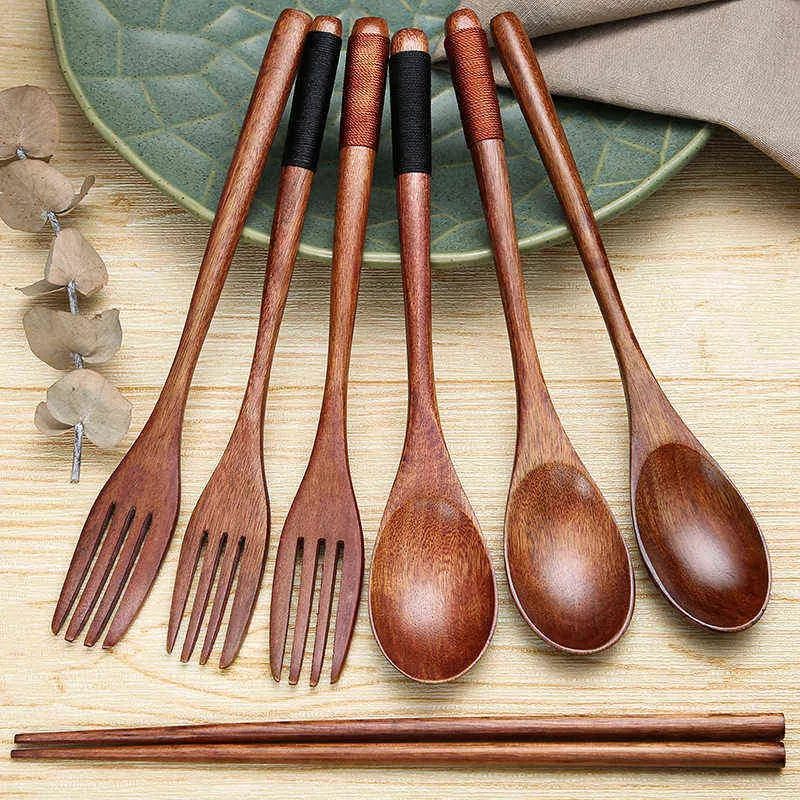 Retro Natural Wooden servies Tabelgare Japanse stijl Fast Food Noodle Chopsticks Lepel Fork Travel Travel Tweede gebruiksvoorwerpen voor keuken Y220530